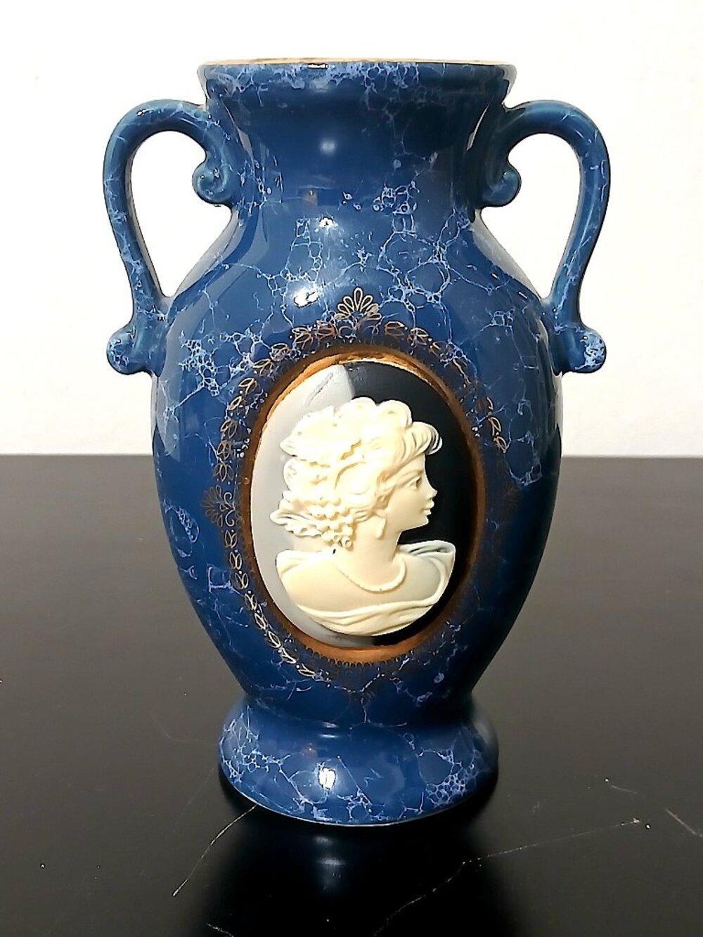 Vintage Mount Clemens Pottery Blue Cameo Vase Japan Gold Trim 5.25" Urn